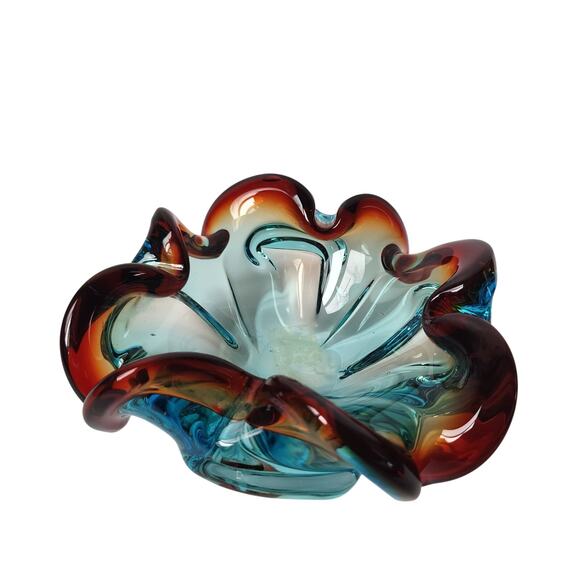 Vintage Murano Style Ashtray MCM Blown Glass Bowl Blue Red Dish Retro - Picture 1 of 8